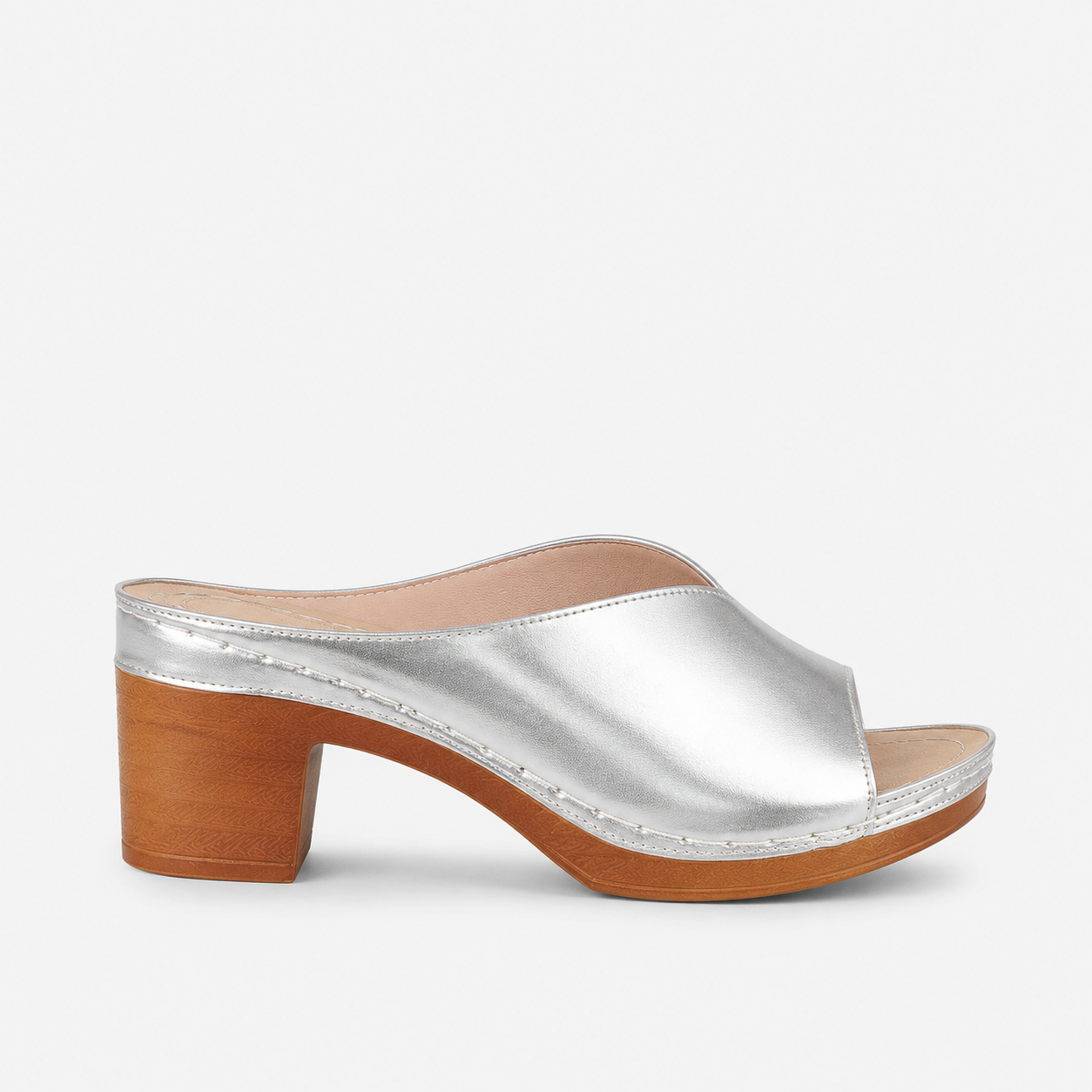 Comfortable dressy sandals with orthopedic support, side angle, metallic silver women's sandals
