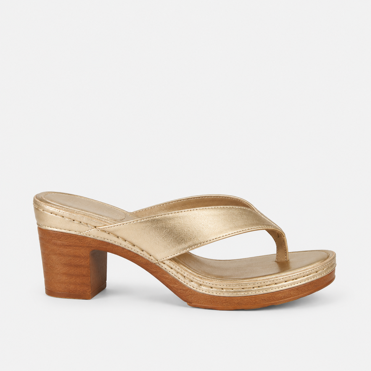 Gold metallic comfortable heeled sandals for women with thick heel, side view
