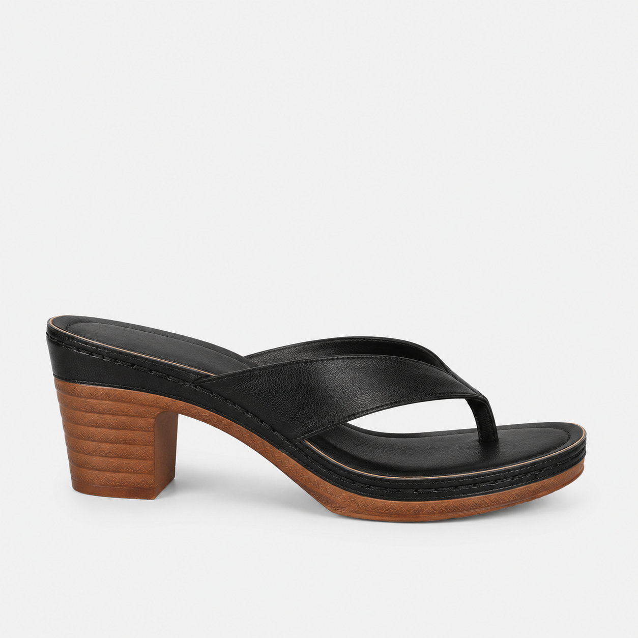 Women's black comfortable heeled sandals with thick wooden heel, side view