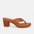 Brown leather comfortable heeled sandals for women with stacked wood heel, side view
