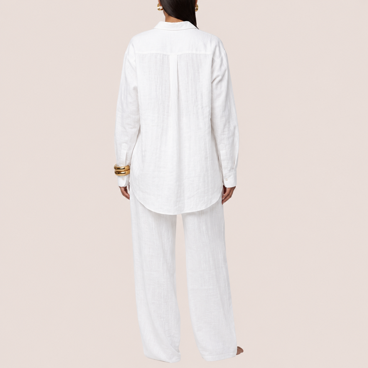 White linen matching set for women, back view showing relaxed fit