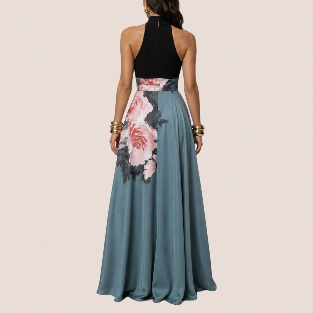 Floral summer maxi dress for women, back view showing A-line silhouette