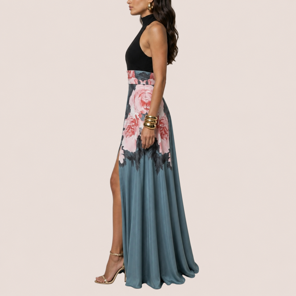 Floral summer maxi dress for women, showing side view showing thigh high split
