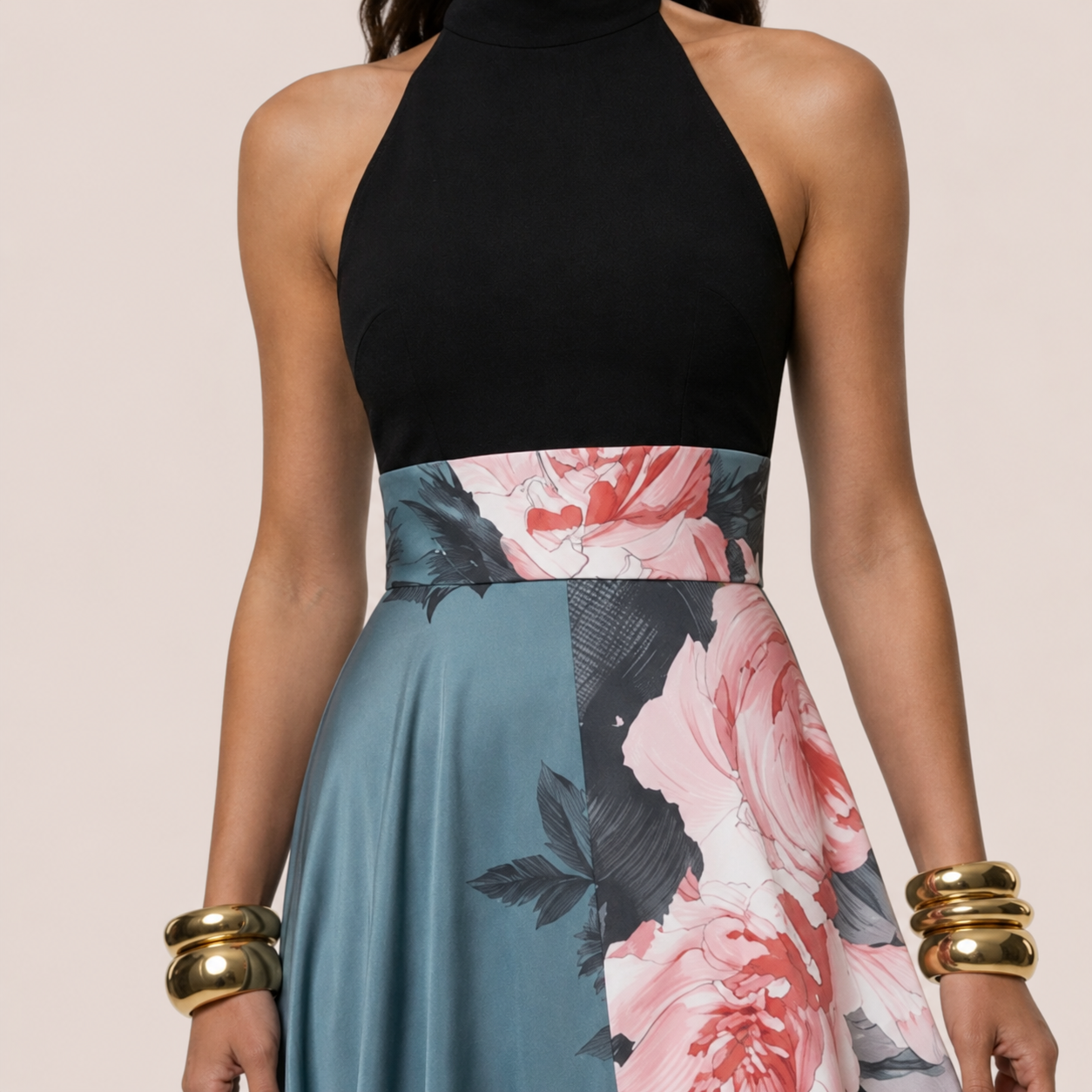 Floral summer maxi dress for women, back view showing A-line silhouette