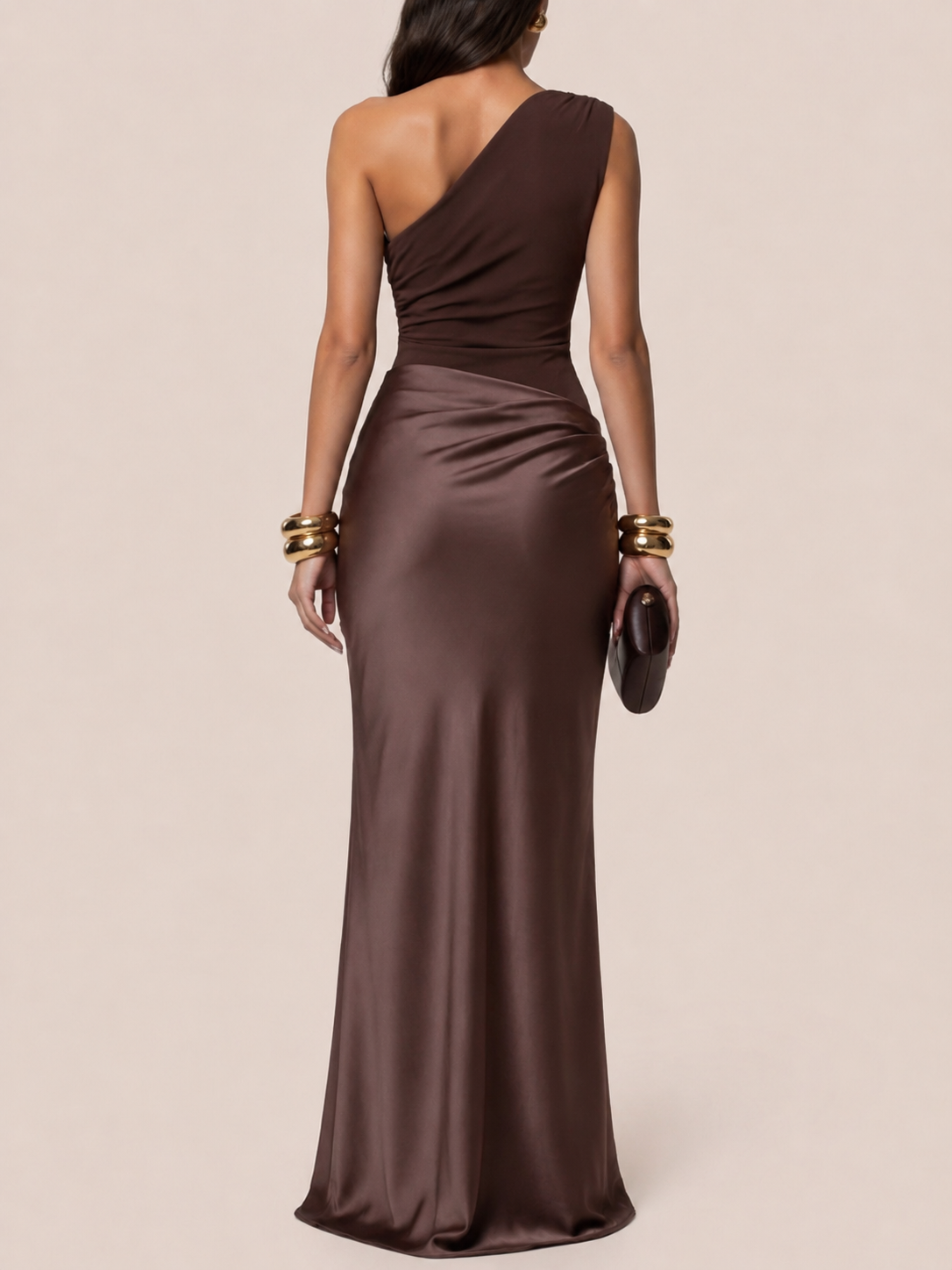 One shoulder wedding guest dress, back view showing floor-length hem