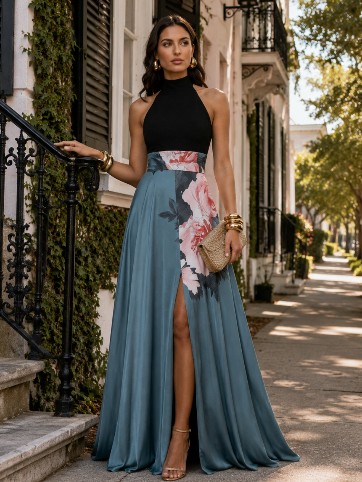 Women's sleeveless floral A-line maxi dress in summer print