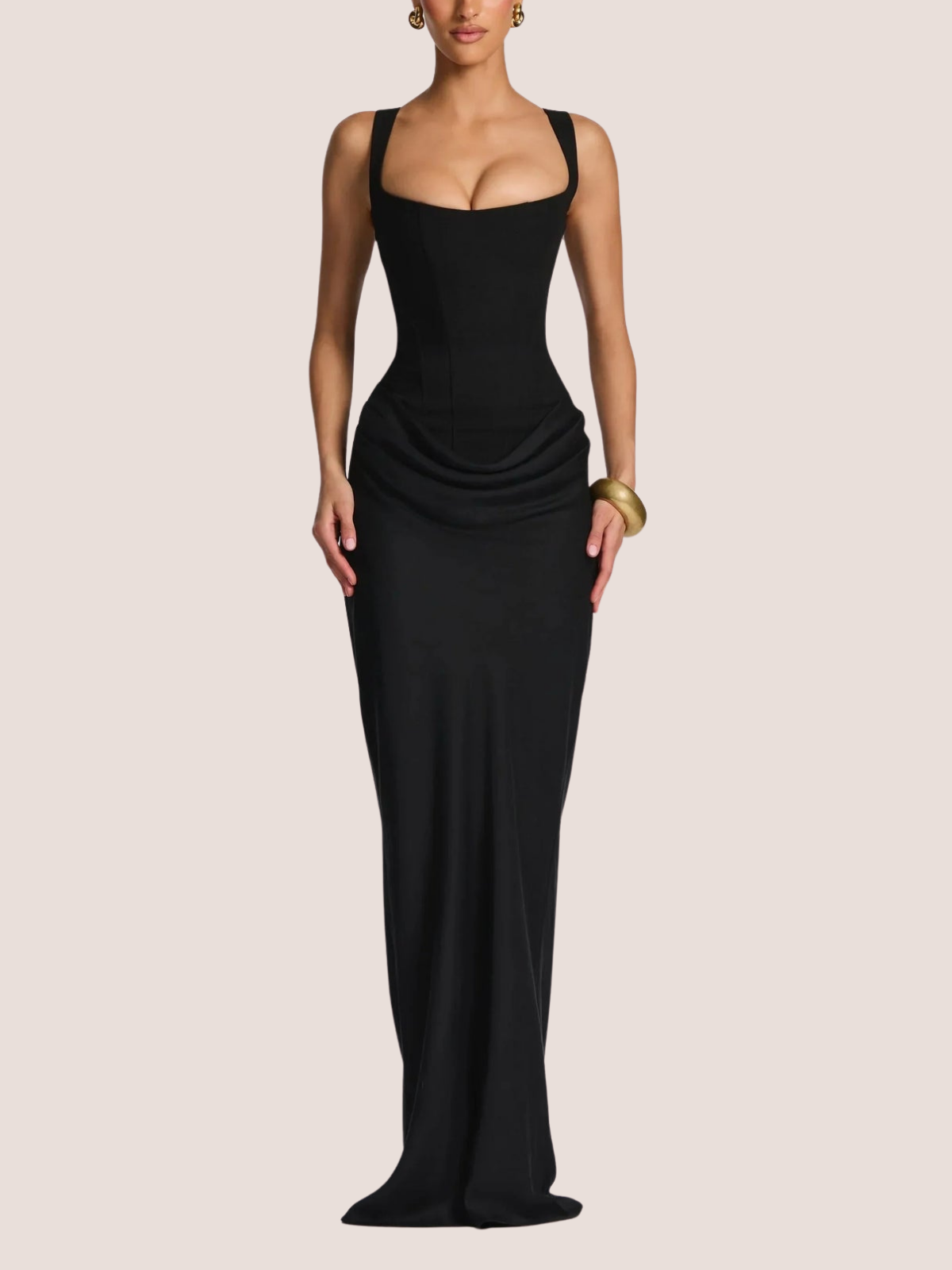 Black draped corset maxi dress for women with square neckline, front view