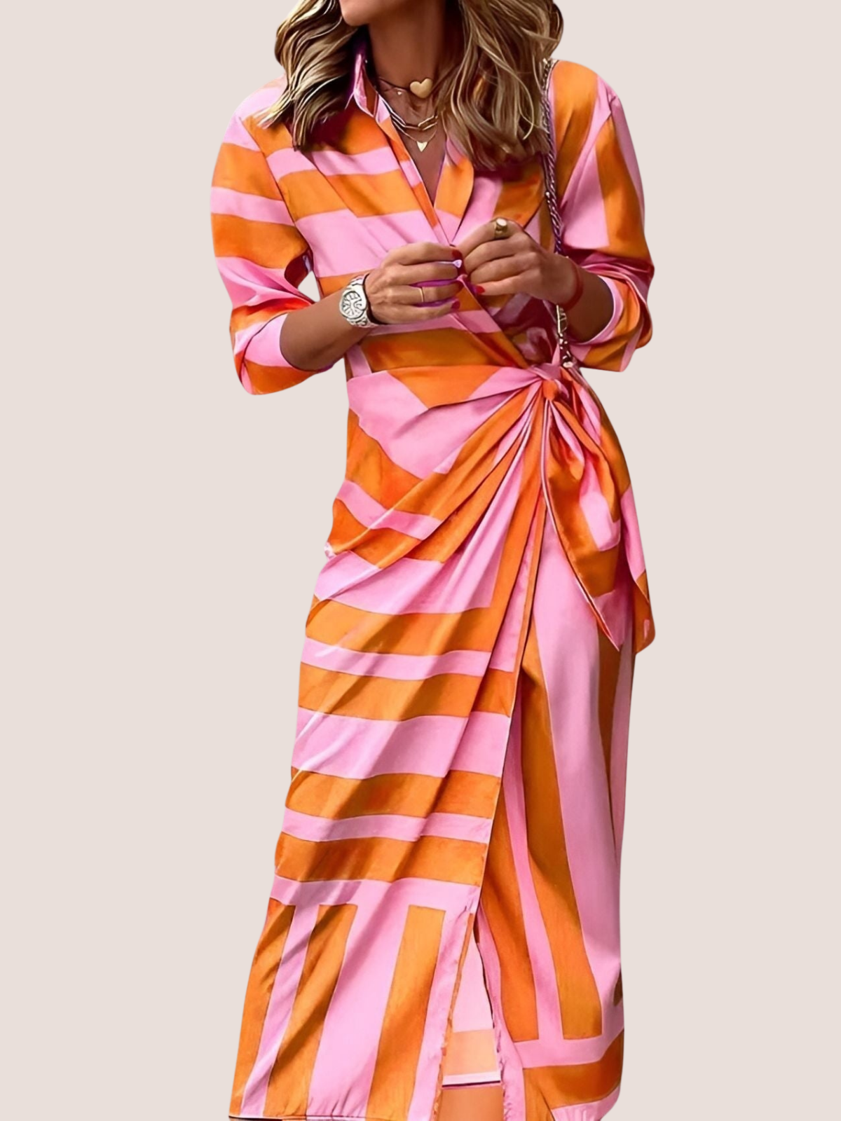 Women's geometric stripe wrap midi dress with V-neckline and tie waist
