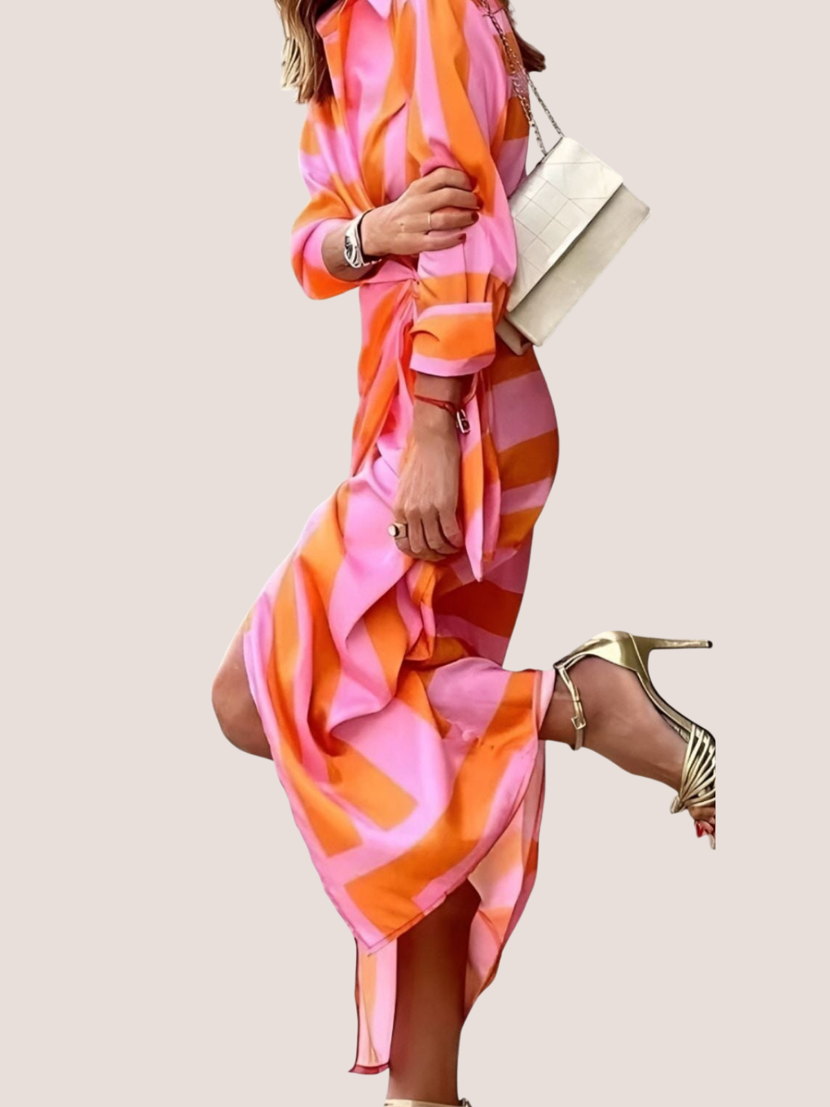 Striped midi wrap dress for women, side view showing flared skirt