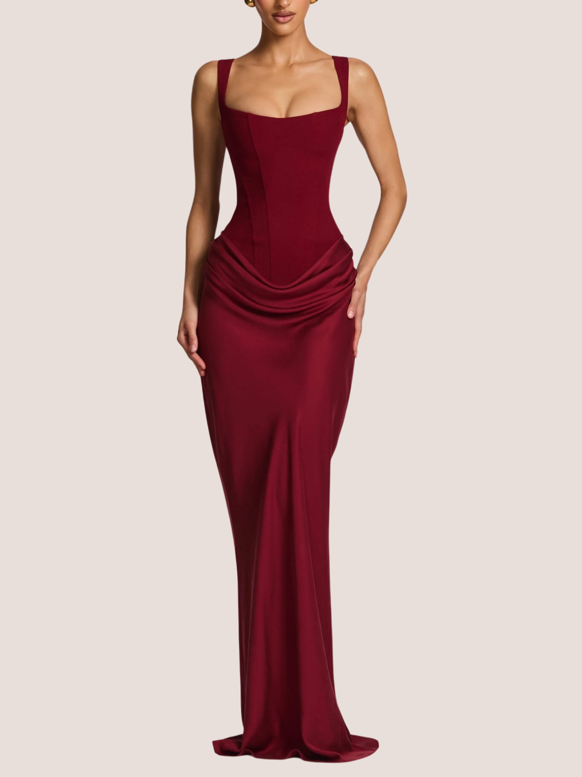Burgundy floor-length corset maxi dress for women, full-length front view