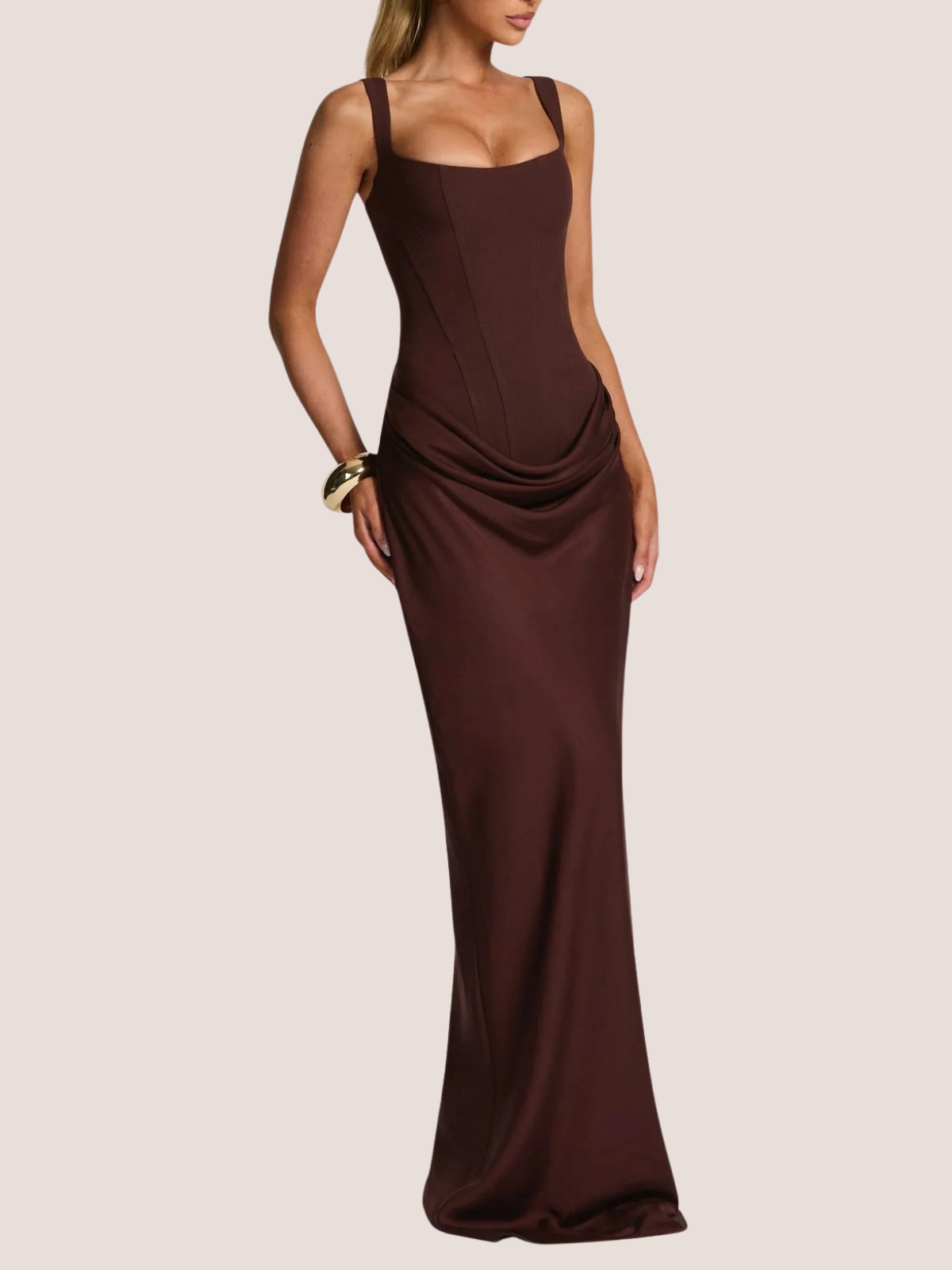 Women's brown bodycon corset dress with draped waist detail, front angle