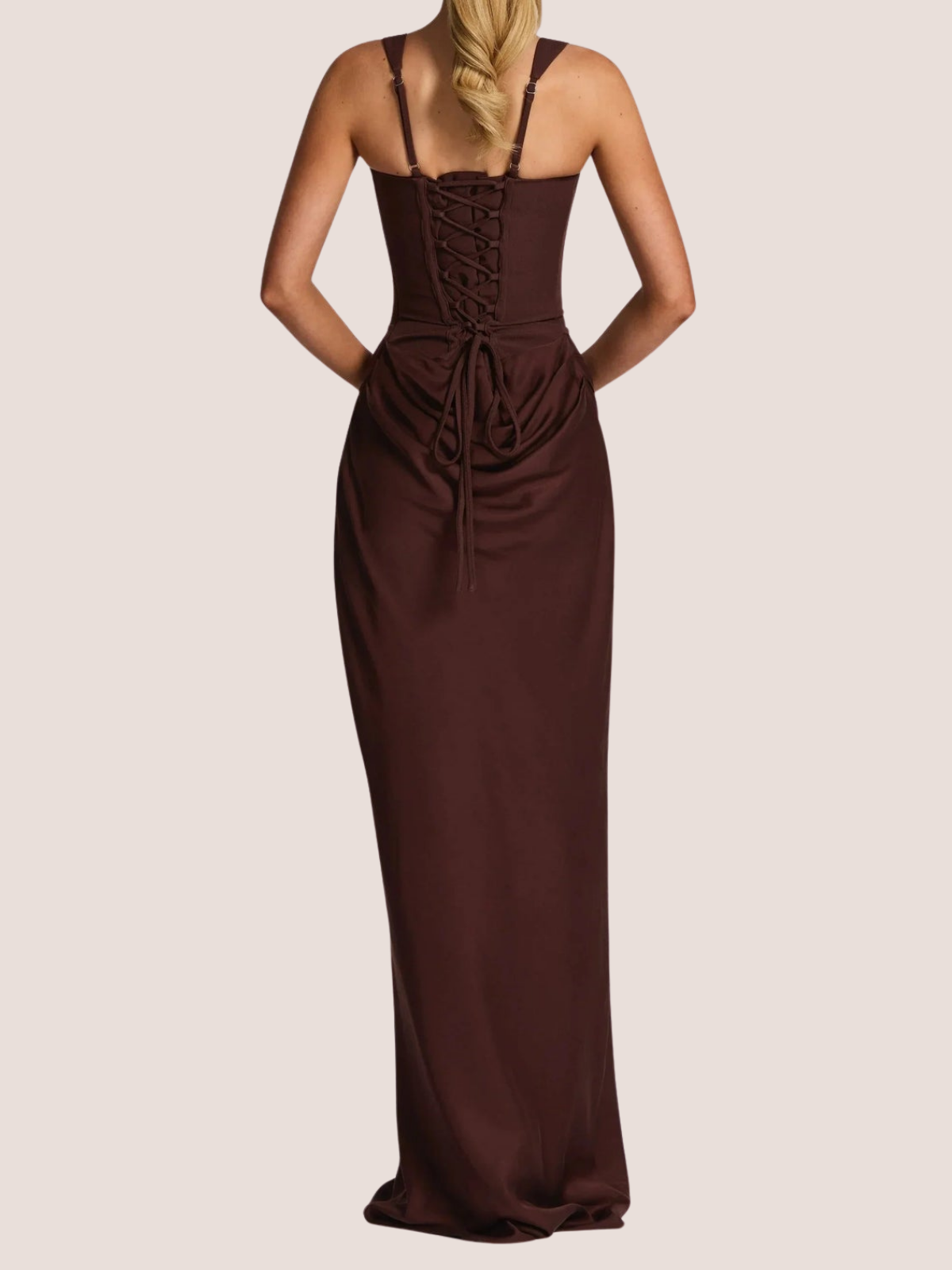Brown lace-up back corset maxi dress for women, back view showing corset ties