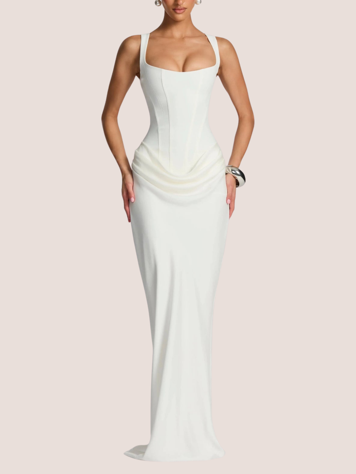 White draped corset maxi dress for women with square neckline, front view