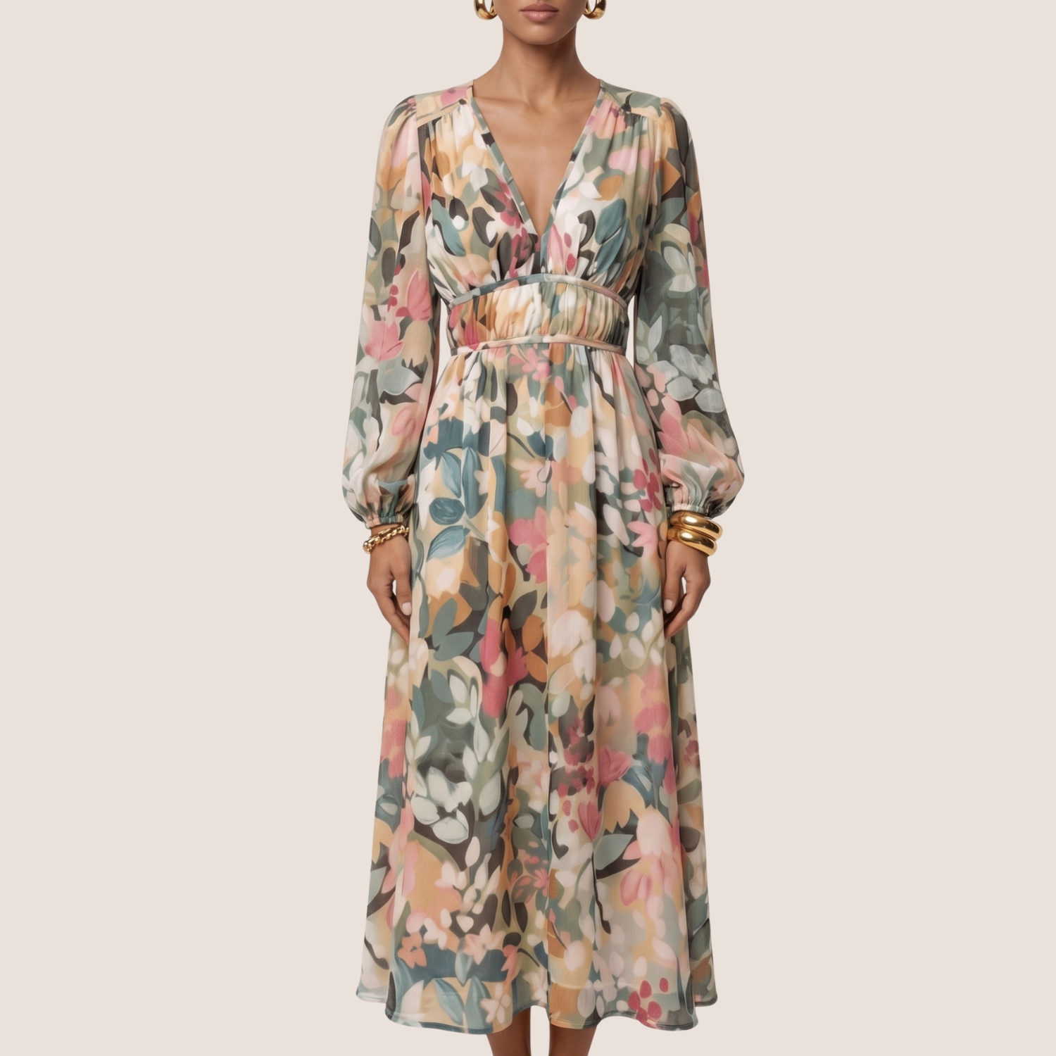 Long sleeve floral dress in midi length, showing v-neck and soft garden pattern detail 
