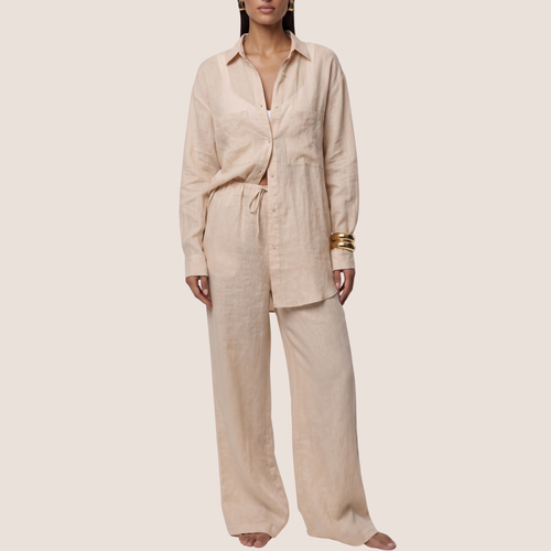Beige linen 2-piece matching set for women with oversized shirt and wide leg pants, front view