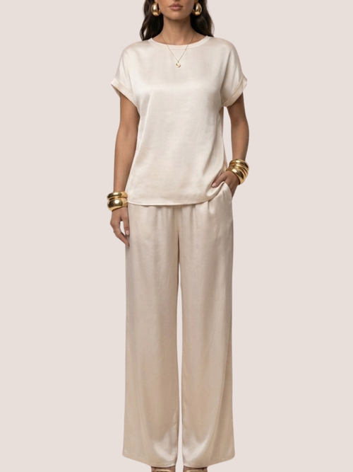 Women's satin two-piece wide leg pants set in solid color, front view