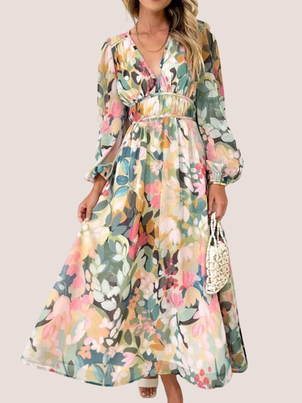 Floral midi wedding guest dress for women, showing sleeve detail