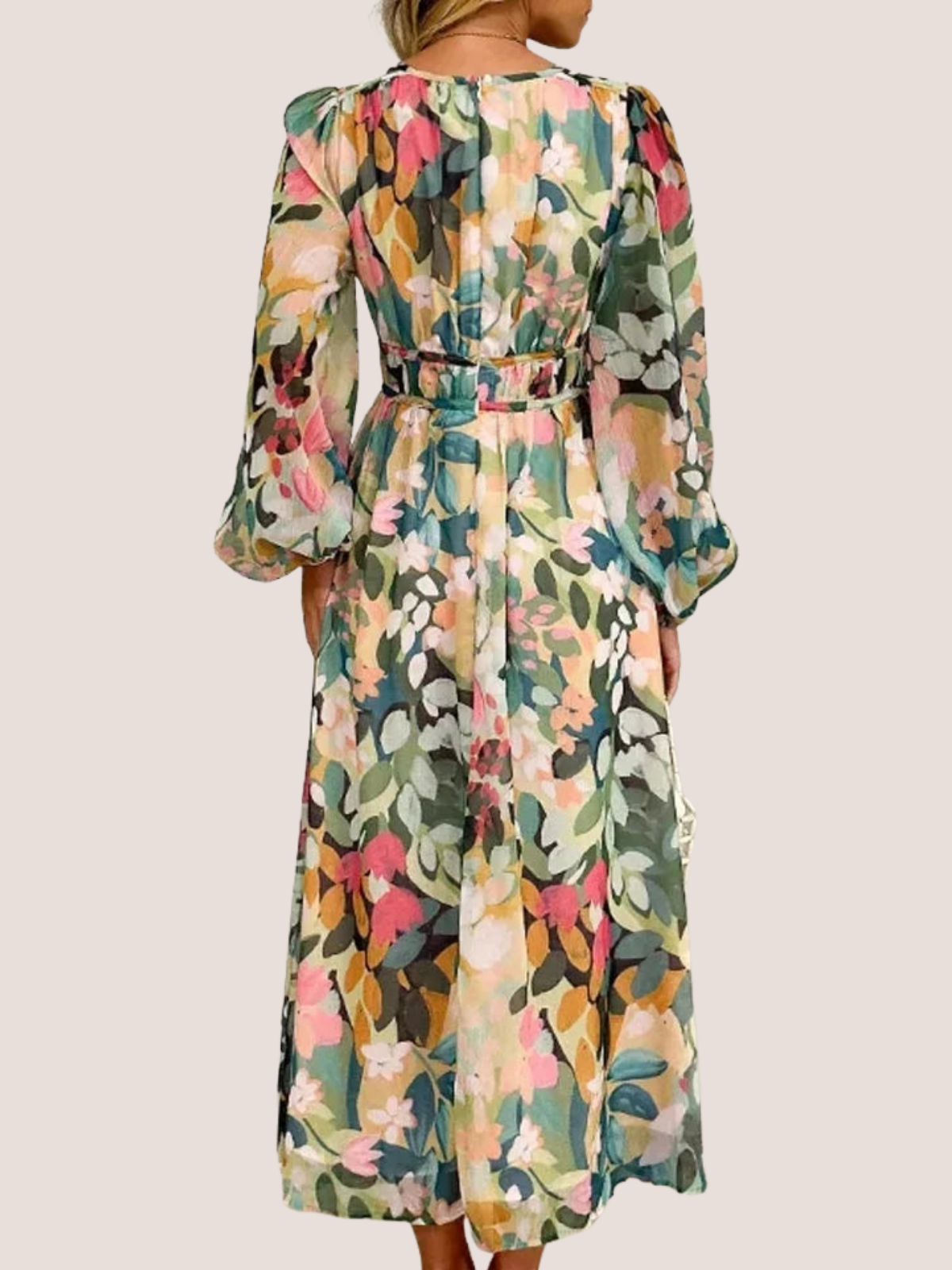 Long sleeve floral dress in midi length, back view