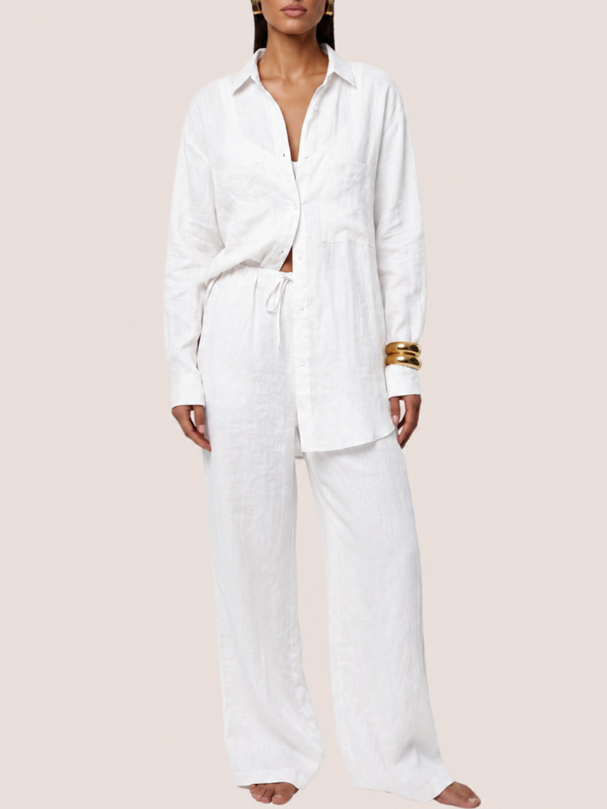Women's white linen two-piece set with drawstring wide leg pants, front view
