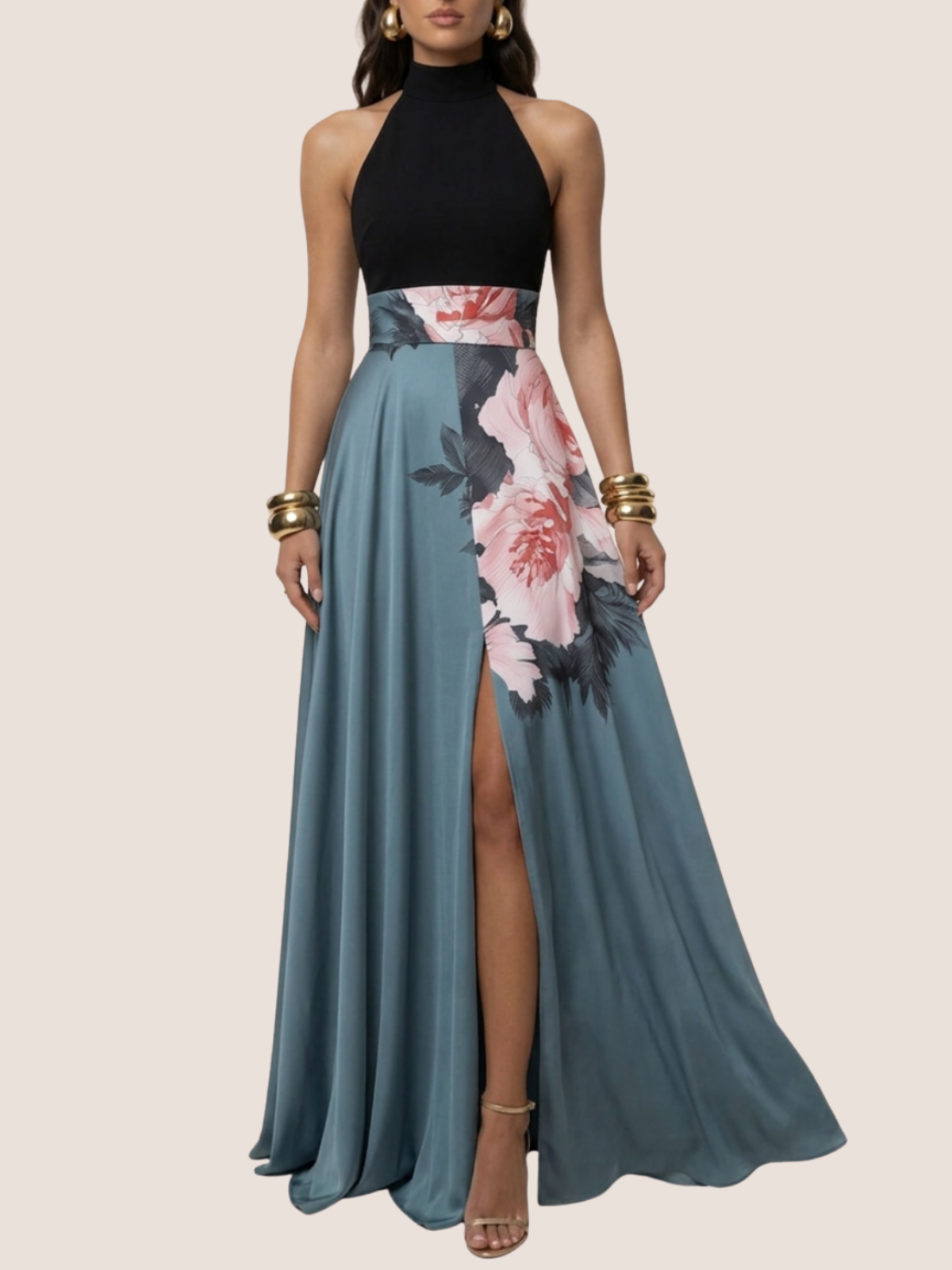 Floral summer maxi dress for women, showing high neck and front view of thigh high split