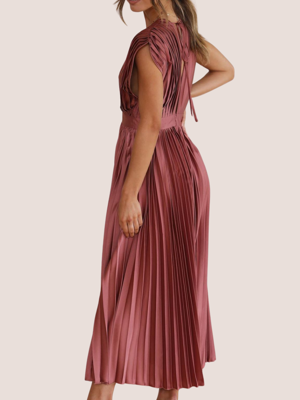 Formal summer midi dress for women with pleated skirt, back view