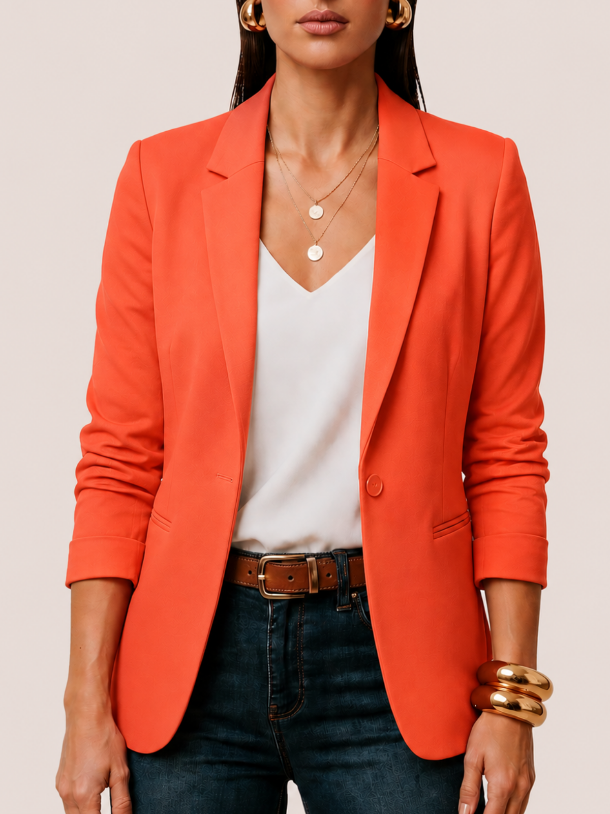 Women's one button fitted blazer in color persimmon orange, front view
