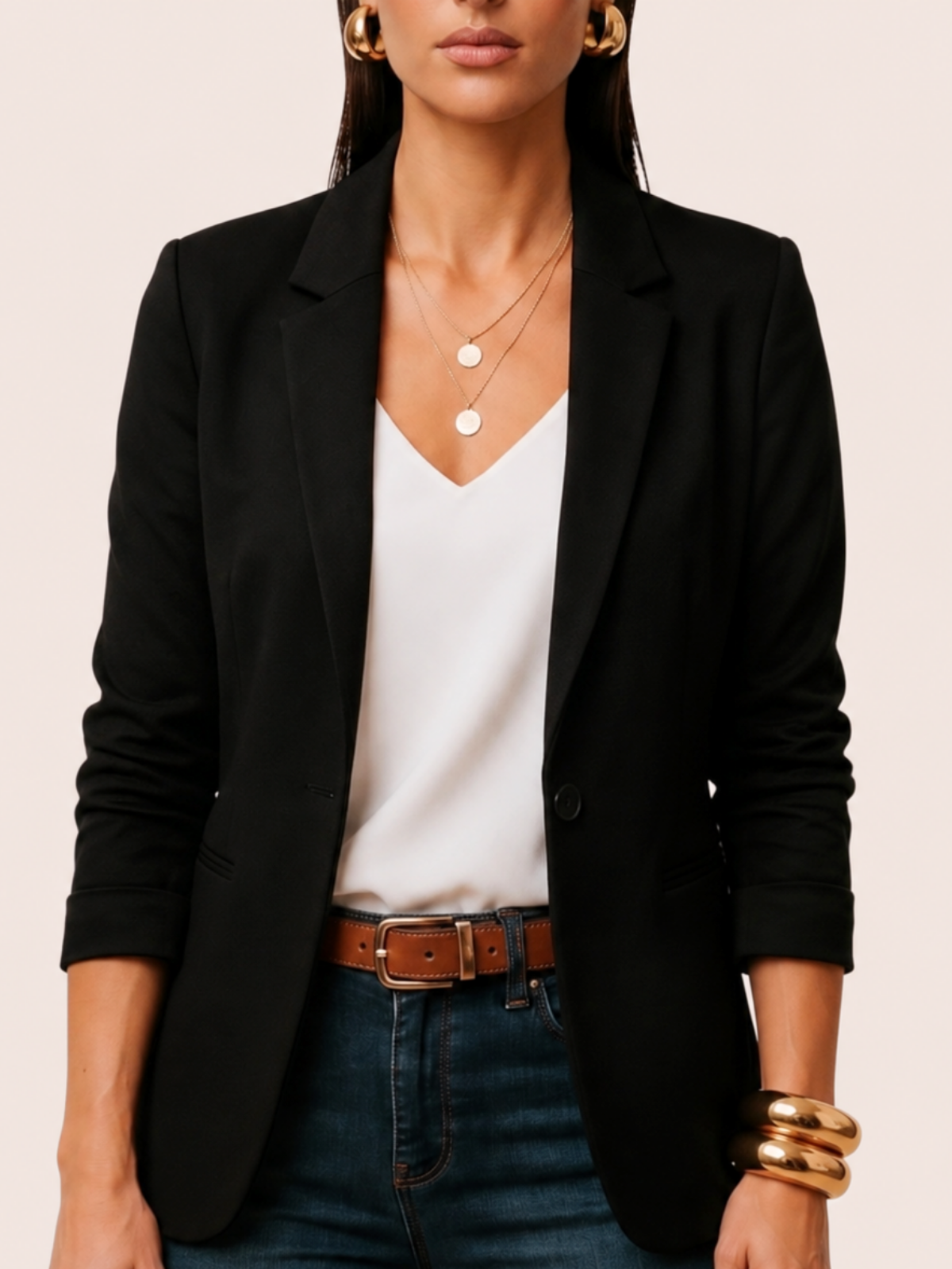 Women's one button fitted blazer in color black, front view
