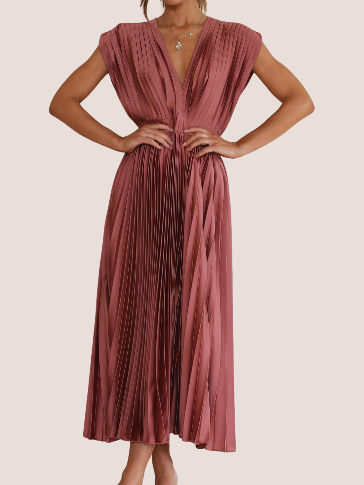 Pleated summer midi dress for women with low neck, figure flattering