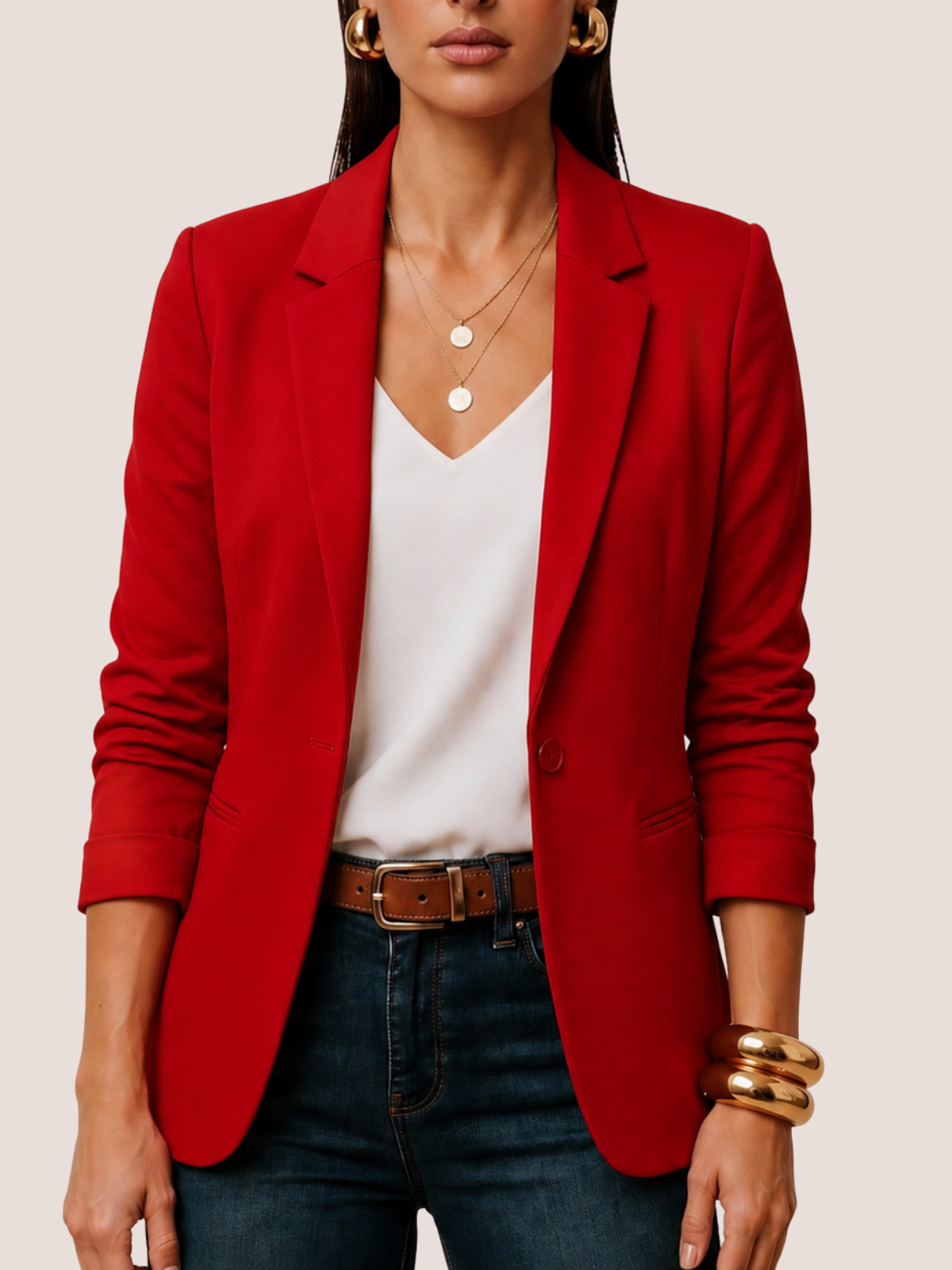 Women's one button fitted blazer in color red, front view