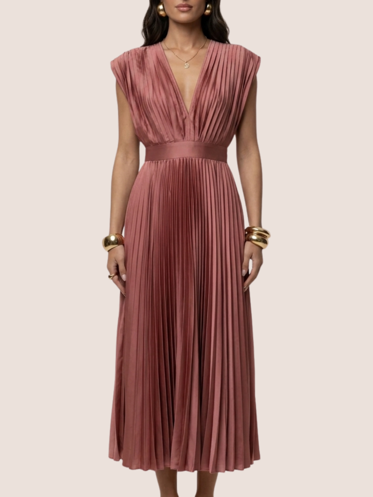 Women's pleated midi wedding guest dress in elegant solid color, front view