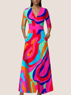 Women's Colorful V-neck belted maxi dress in a bright print, front view