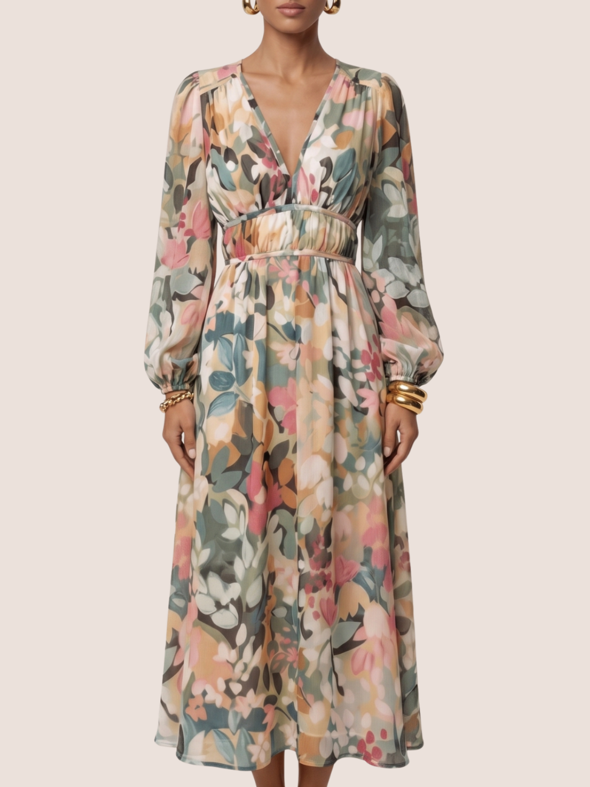 Women's floral long sleeve midi dress with fitted waist