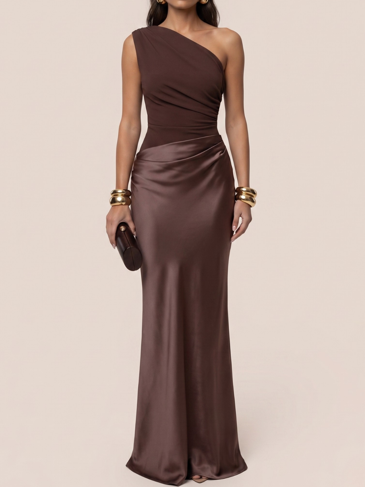 Women's one shoulder maxi dress in solid color, styled for a summer wedding