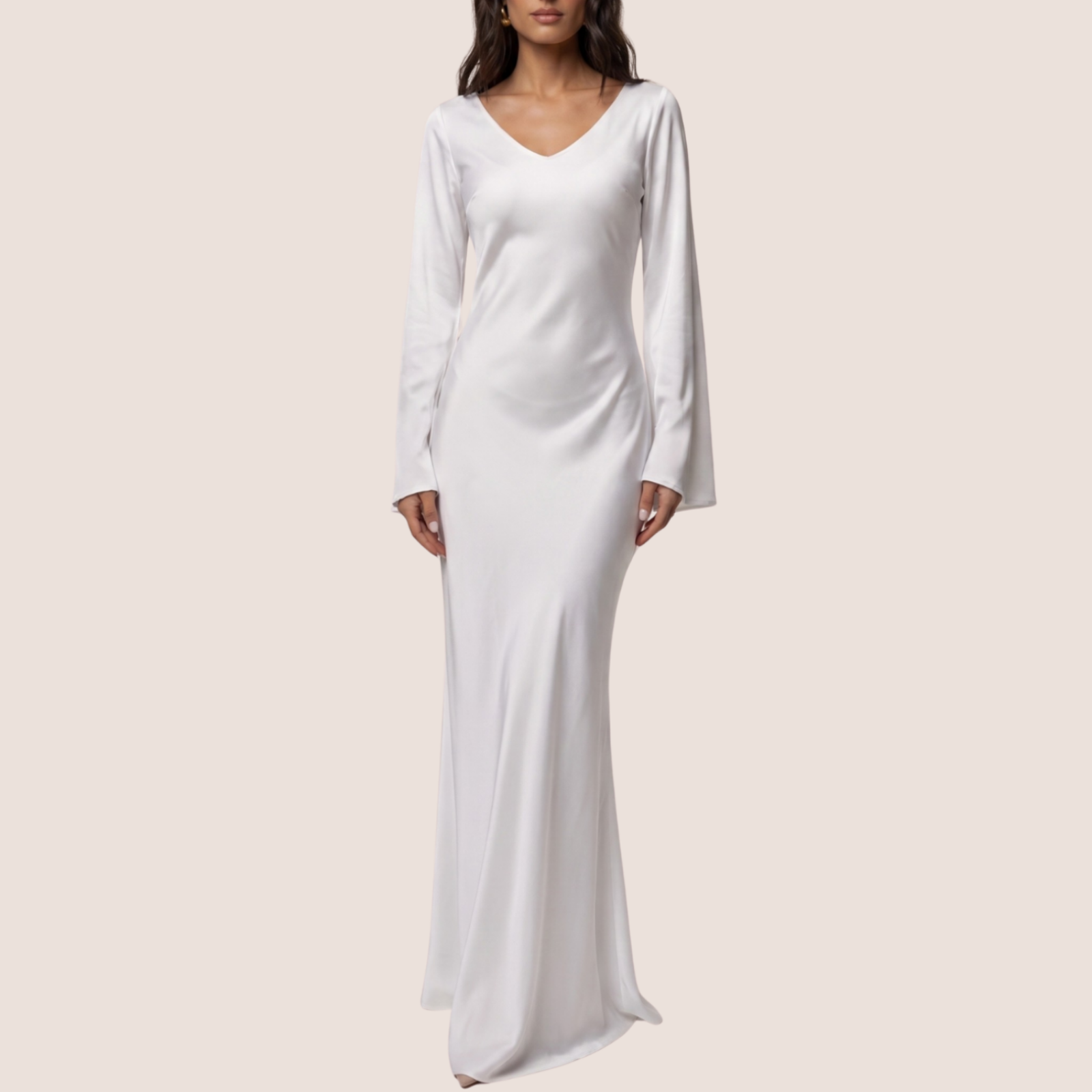Formal satin maxi dress, showing long sleeve detail and v-neck detail