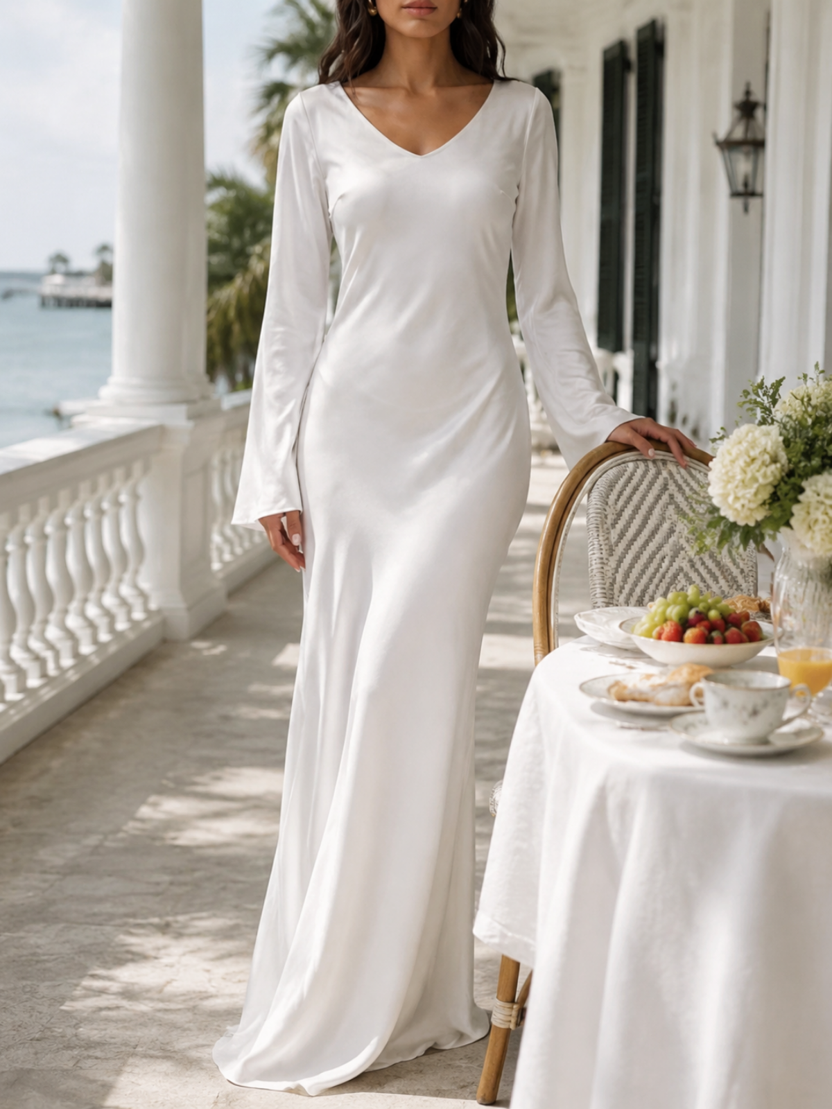 Women's satin long sleeve maxi dress in white, front view lifestyle image