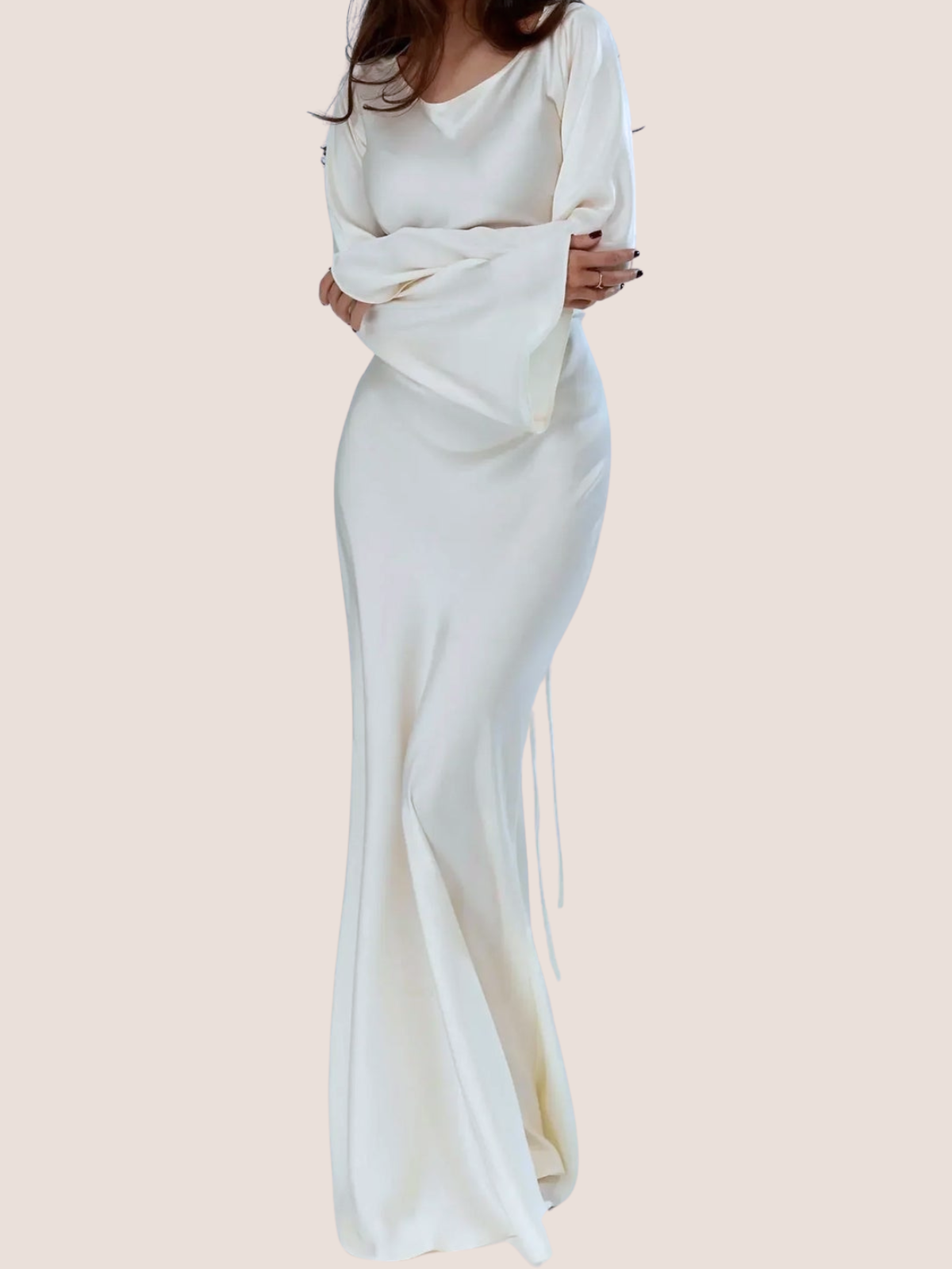Formal satin maxi dress, showing long sleeve detail and floor-length hem