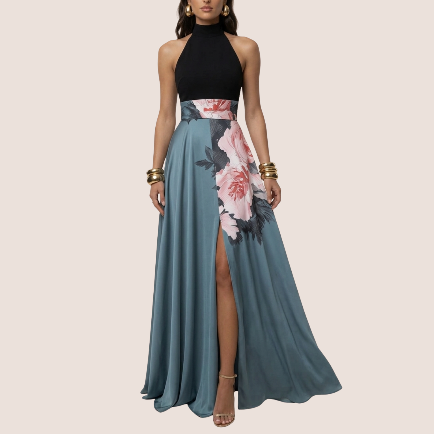 Floral summer maxi dress for women, showing halter neck and A-line cut