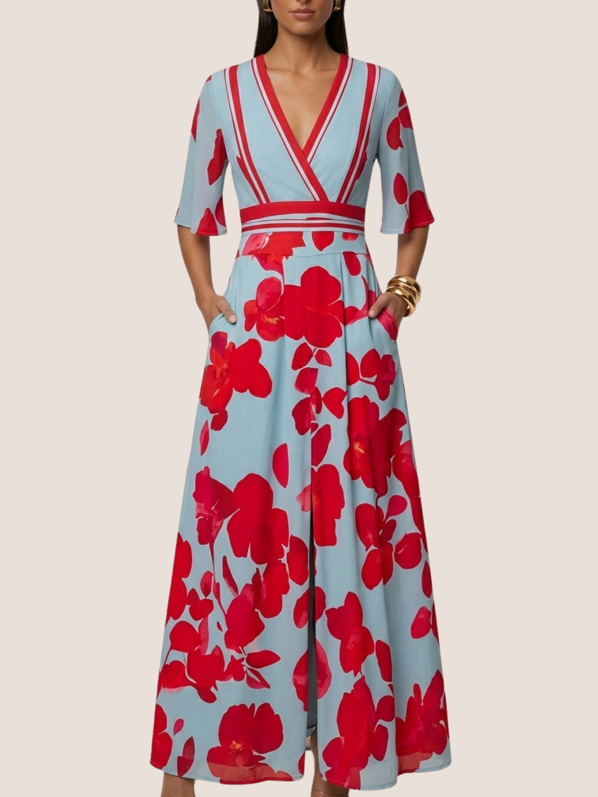 Floral maxi vacation dress for women, showing belted waist detail
