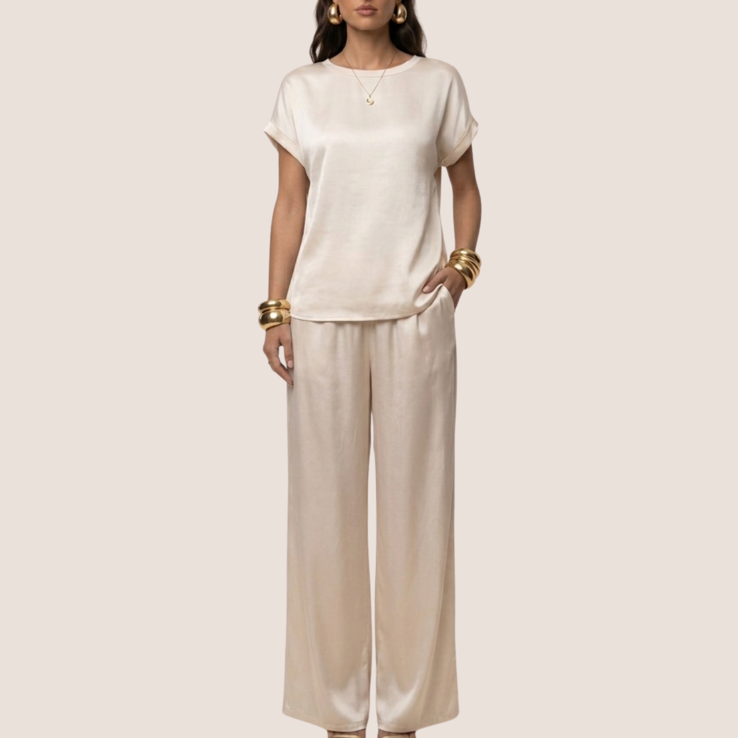Women's satin two-piece wide leg pants set in solid color, front view showing full-length silhouette