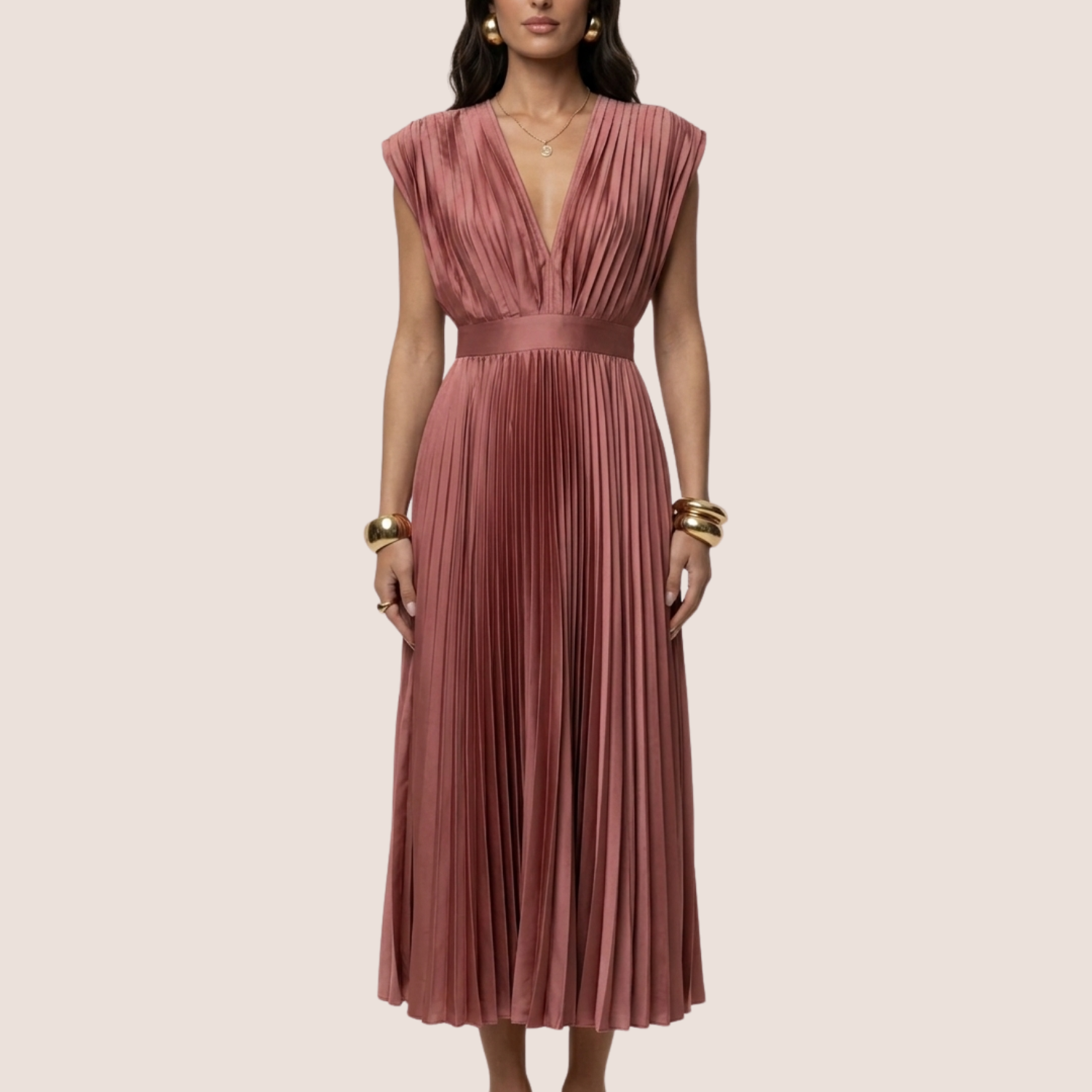 Women's pleated midi wedding guest dress in elegant solid color, front view showing waist and pleat detail